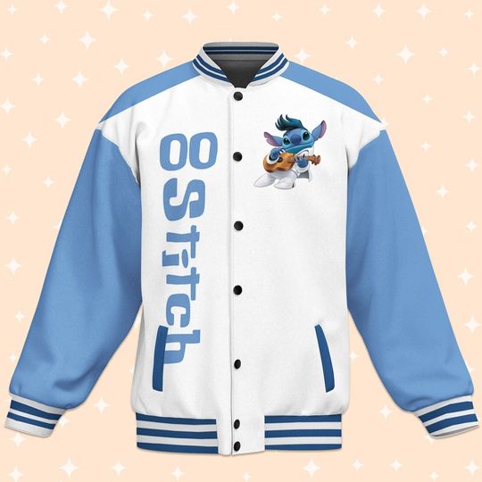 Personalized Stitch Playing Guitar White Blue Stitch Love Baseball Jacket