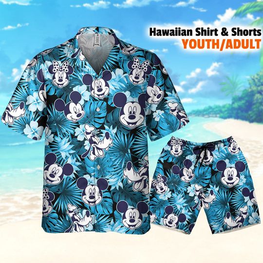Discover Disney Mickey And Friends Seamless Blue Style Hawaii Shirt, Mickey Aloha Shorts