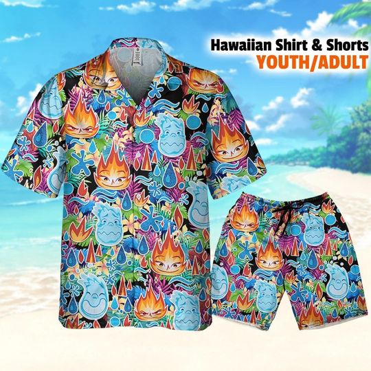 Elemental Ember And Wade Synthwave Summer Floral, Disney Hawaii Shirt and Shorts