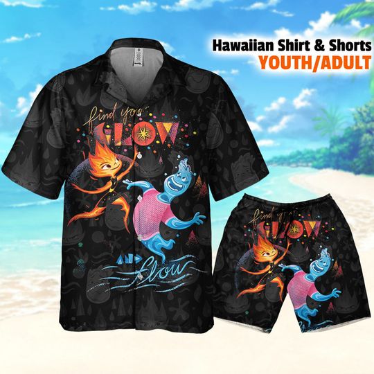 Discover Disney Elemental Find Your Glow And Flow Hawaiian Shirt, Disney Holiday Button Up Shirt, Aloha Disney Hawaiian Shirt, Summer Vacation Shirt