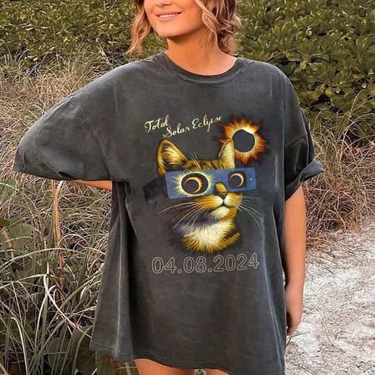 Discover Funny Cat Watching Total Solar Eclipse 2024 Shirts, April 8 2024 Solar Eclipse T-Shirt