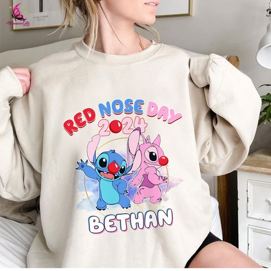 Custom Name Stitch and Angel Red Nose Day Sweatshirt