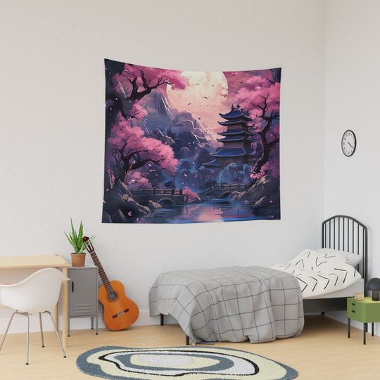 Discover Blossom's Dream: Japanese Castle in Moonlit Serenity Tapestry