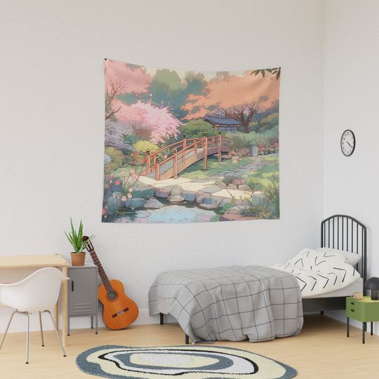 A garden with muted pastel anime Tapestry