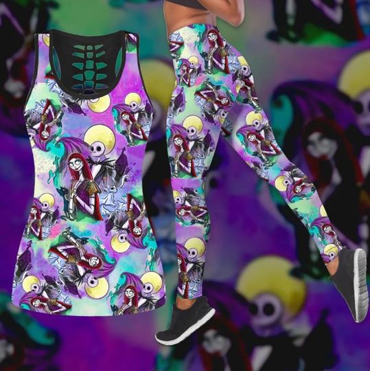 The Nightmare Before Christmas Jack Skellington And Sally Disney Hollow Tank Top Legging Set, Disney Hollow Tank Top, Disney Leggings