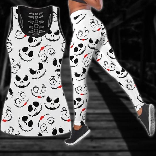 The Nightmare Before Christmas Jack Skellington And Sally Disney Hollow Tank Top Legging Set, Disney Hollow Tank Top, Disney Leggings