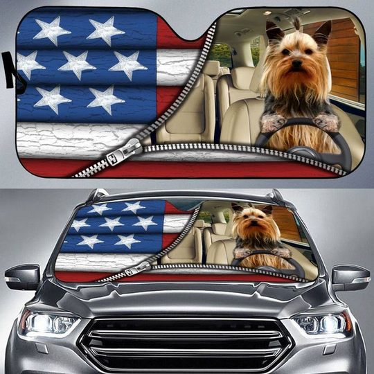 Yorkshire Terrier American Flag Patriot Car Sun Shade