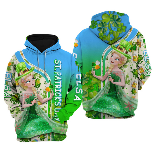Discover Elsa Princess St Patrick's Day Green Shamrocks Gold Coins 3D Hoodie