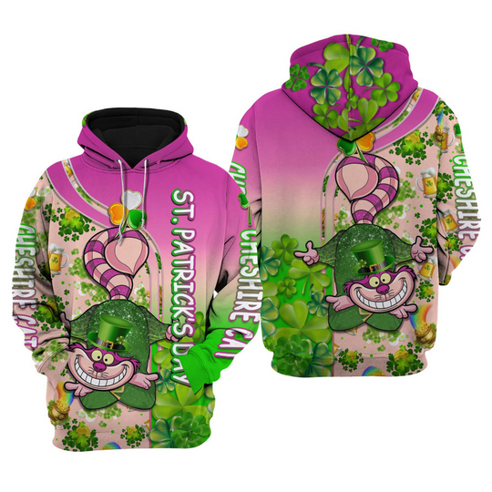 St Patrick's Day Cheshire Cat Green Shamrocks 3D Hoodie