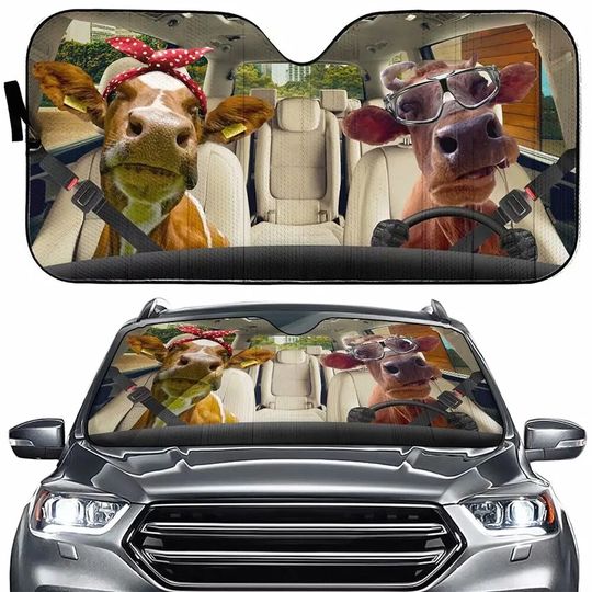 Discover Farm Cow Driver Auto Windshield Sun Shade, Funny Heifer Couple Sunshade