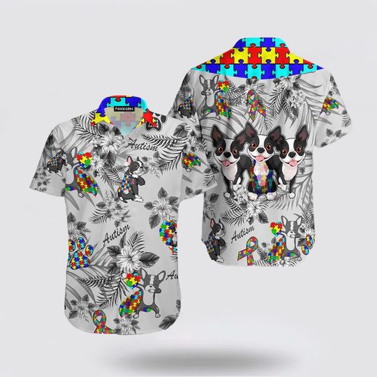 Autism Awareness Boston Terrier Dog Aloha Hawaiian Shirt, Autism Hawaiian Shirt
