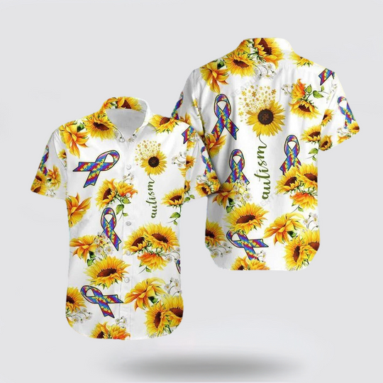 Discover Autism Awareness Autism Ribbon Sunflower Aloha Hawaiian Shirt