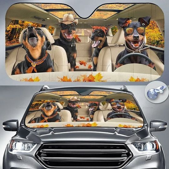 Miniature Pinscher Family Driving On Autumn Dog Lover Car Sunshade