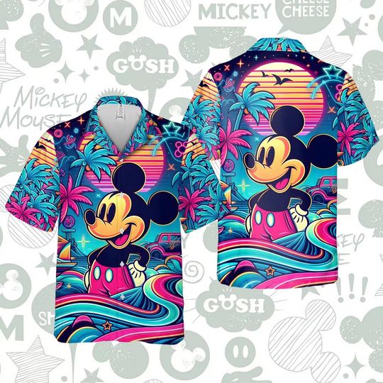 Discover Disney Retro Beach Mickey Mouse Cartoon Themed Colorful Aloha Hawaiian Shirt
