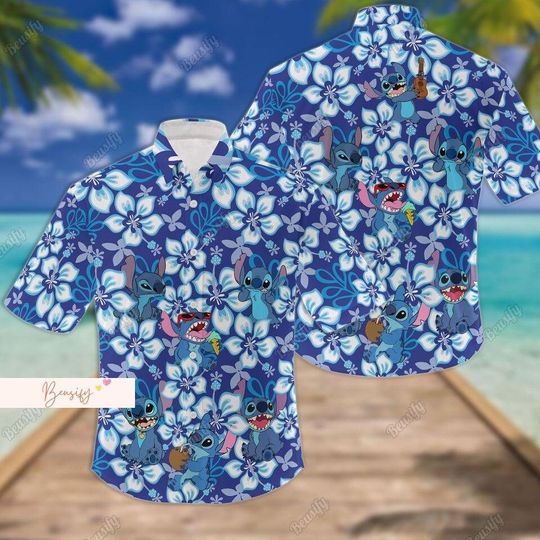 Stitch Cream Button Shirt, Stitch Hawaiian Shirt