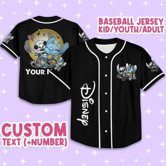 Personalized Stitch And Angel Cosplay Jack And Sally Halloween Disney Baseball Jersey, Disney Jersey