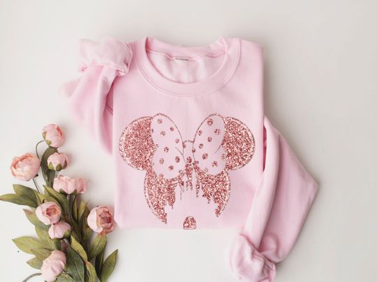 Glitter Rose Gold Minnie Sweater,Cute Ear Shirt,Disney Shirt for Women,Disney Ear Shirt