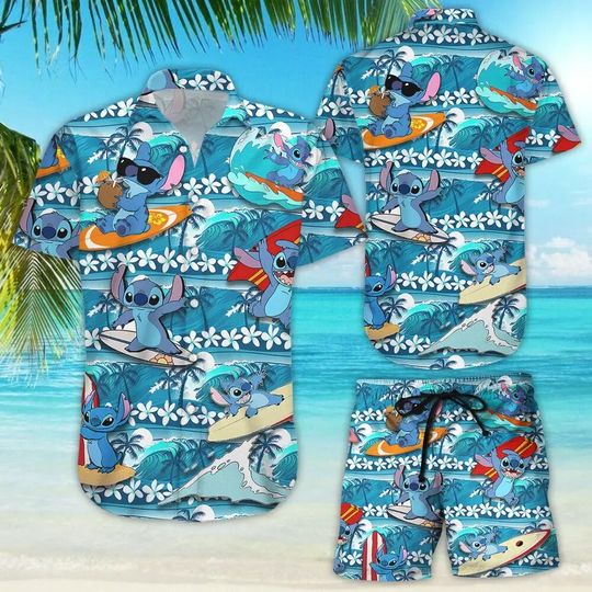 Disney Stitch Men Women Hawaiian Shirt Set of 2 Vintage Button Up Shirt Board Shorts