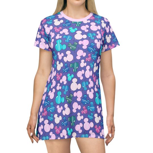 Mickey Balloons Disney T-Shirt Dress, Cartoon Women's T-Shirt Dress