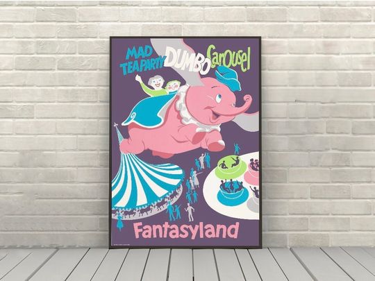 Discover Dumbo Poster, Vintage Disney Attraction Poster, Mad Tea Party Carousel Disney Poster