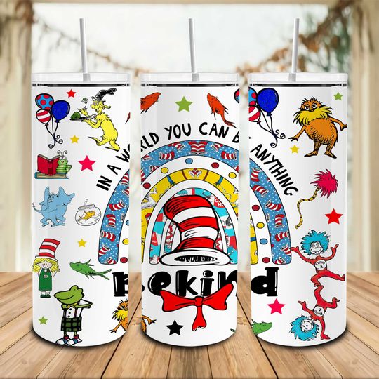 Discover Rainbow Cartoon Character 20oz Tumbler, Seuss Geisel Cat in stovepipe hat Tumbler