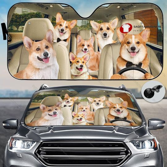 Discover Funny Corgi Dog Car Sun Shade, Corgi Family Car Sunshade