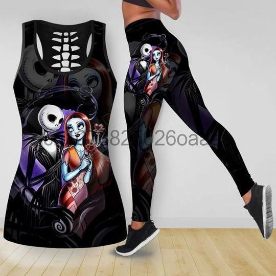 Disney The Nightmare Before Christmas Jack Skellington Sally Womens Hollow Tank Top Leggings Yoga Set