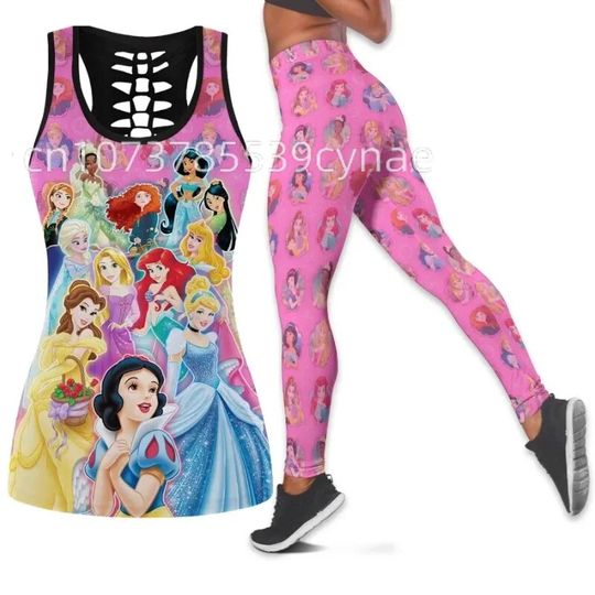 Discover Disney princess Women's Hollow Vest + Women's Leggings Yoga Suit Fitness Leggings Sports Suit Disney Tank Top Legging Set Outfit