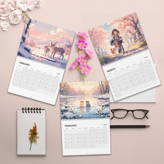 Discover Kawaii Nature Scenes 2024 Calendar, Anime Decor