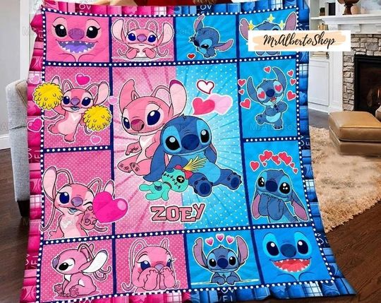 Personalized Stitch And Angel Blanket, Stitch Disney Adult Blanket, Lilo Stitch Fleece Blanket
