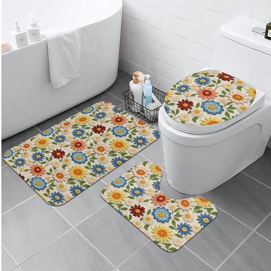 Boho Faux Crochet Wildflowers Bathroom Toilet Lid Cover, Toilet Tank Cover