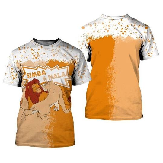 Lion King Simba & Nala Orange Splatter Paint Disney Graphics Cartoon T-Shirt
