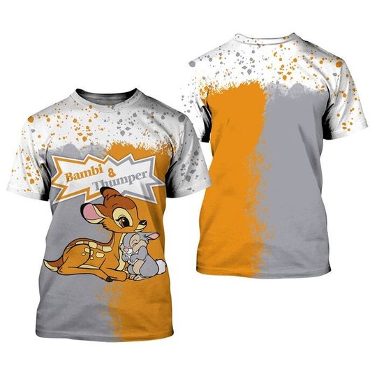 Bambi & Thumper Orange Gray Splatter Paint Disney Graphics Cartoon  T-Shirt