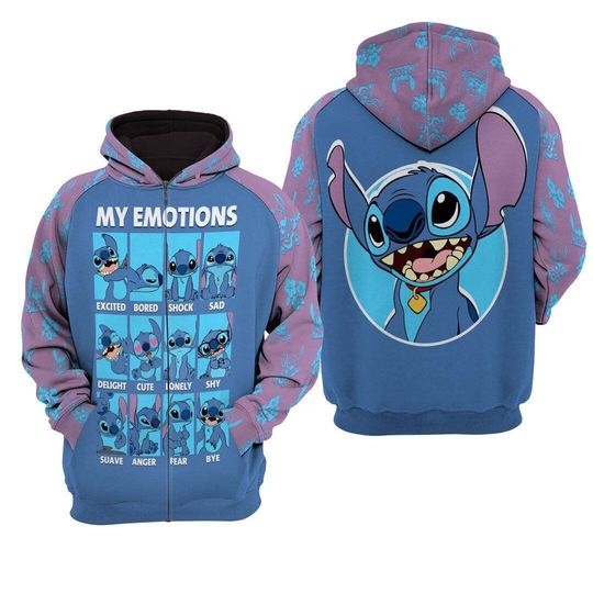 Stitch This Is My Emotions Disney 3D Zip Hoodie