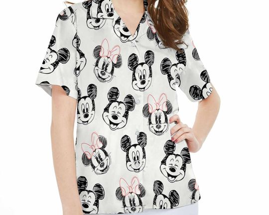 Vintage Mickey Minnie Mouse Sketch Art Hawaiian Shirt, Couple Disney Hawaii Button Down Shirt, Disneyland Family Summer Trip, Magic Kingdom