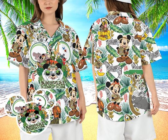 Tropical Disneyland Safari Hawaiian Shirt, Mickey Safari Aloha Shirt, Mickey and Friends Magic Kingdom Hawaii Shirt, Wild Zoo Button Shirt