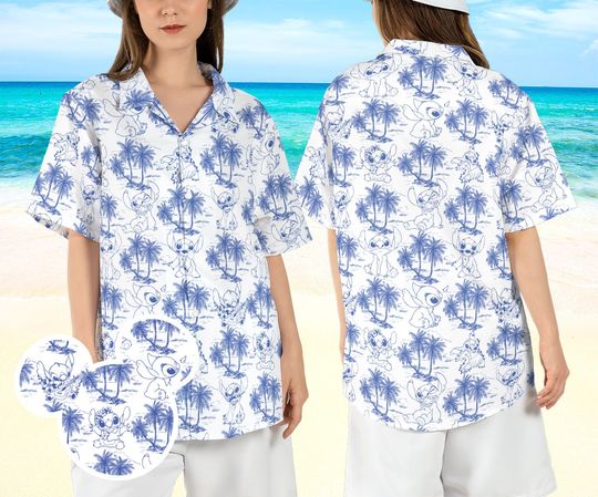 Stitch Ohana Beach Hawaiian Shirt, Cute Blue Alien Summer Hawaiian Shirt