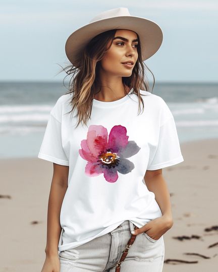 Watercolor Flower T-Shirt, Maroon Wildflower Shirt