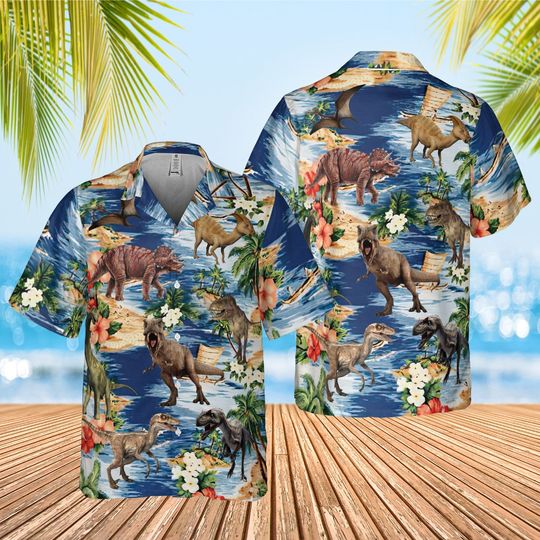 Discover Dinosaur Hawaiian Shirt, Tropical Dinosaur Hawaiian Shirt