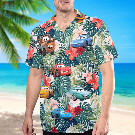 Car Characters Hawaiian T-Shirt, Tropical Palm Tree Kids Hawaiian Shirt