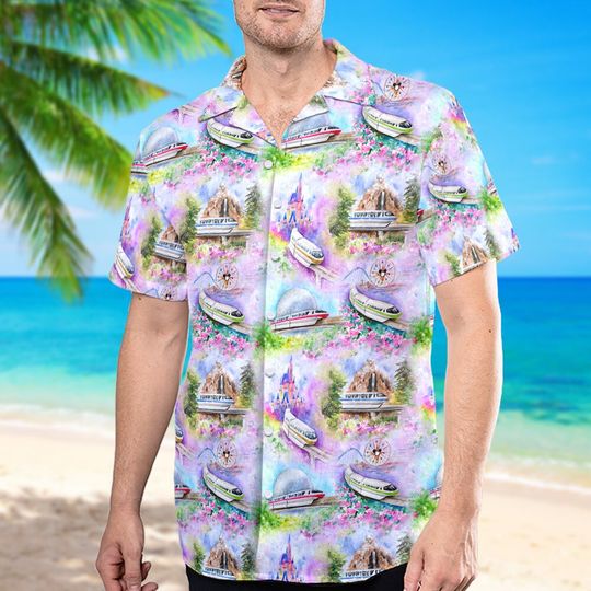 Watercolor Monorail Hawaii Shirt, Metro Hawaiian Shirt