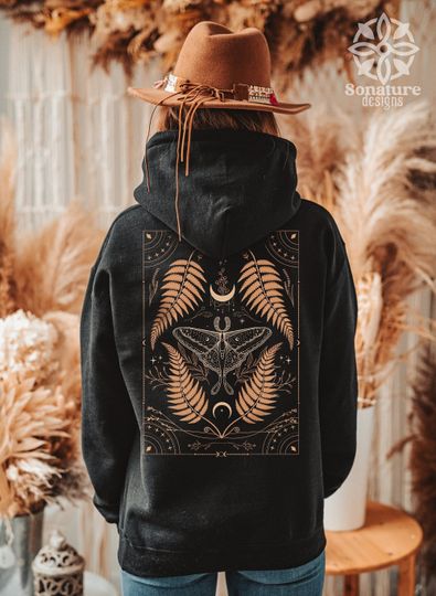 Discover Boho Luna Moth Hoodie, Floral Botanical Fern Hoodie, Vintage Wildflowers Hoodie