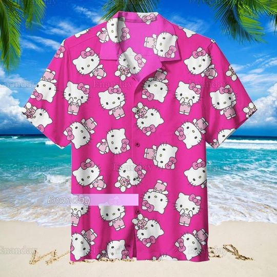 Hello Kitty Hawaiian Shirt, Hello Kitty Shirt, Hello Kitty Button Shirt, Cute Cat Summer Shirt, Hello Kitty Beach Shirt, Gift For Mom