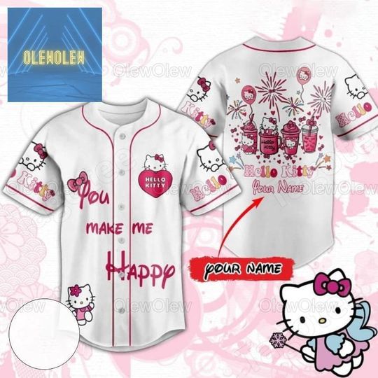 Custom Hello Kitty Baseball Jersey, Hello Kitty You Make Me Happy Jersey