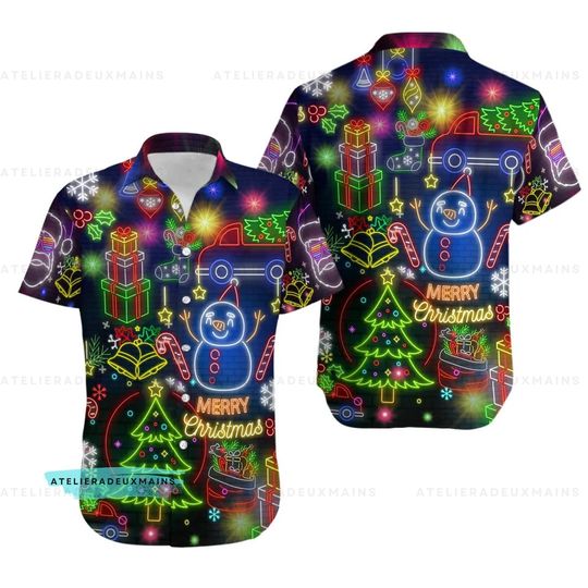 Discover Christmas Bright Neon Lighting Hawaiian Shirt, Santa Beach Shirt