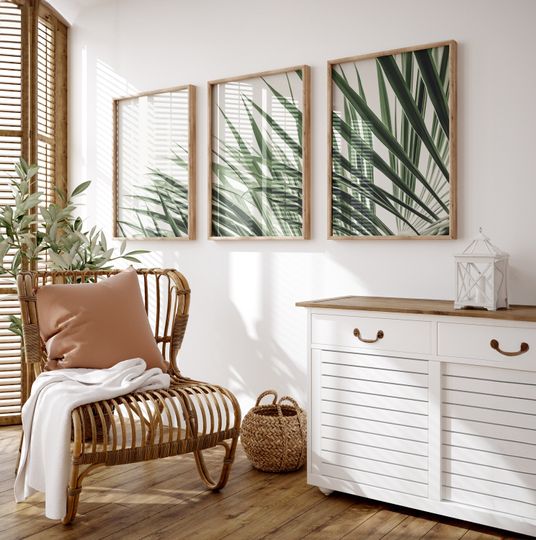 Discover Palm Leaves Wall Art Triptych | Botanical Print Set | Living Room Wall Art
