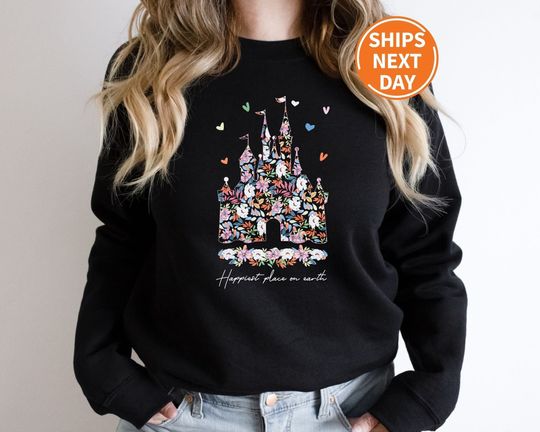 Discover Disney Castle Floral Sweatshirt, Vintage Disney Sweatshirt, Happiest Place on Earth Sweatshirt