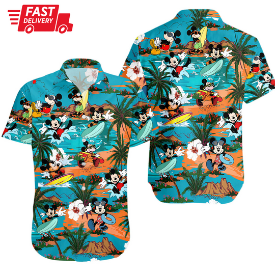 Discover Mickey Mouse Surfing Beach Summer Vacation Disney Hawaiian Shirt Disneyland Trip
