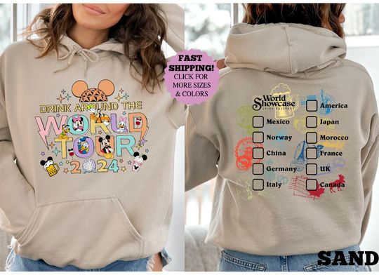 Epcot World Tour 2024 Sweatshirt, Drink Around The World Tour shirt, Epcot World Showcase Two Sided Hoodie, Mickey And Friends Drinking Team