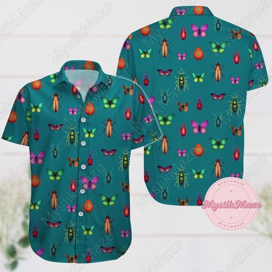 Discover Bugs Button Shirt, Bugs Summer Shirt, Butterfly Aloha Shirts